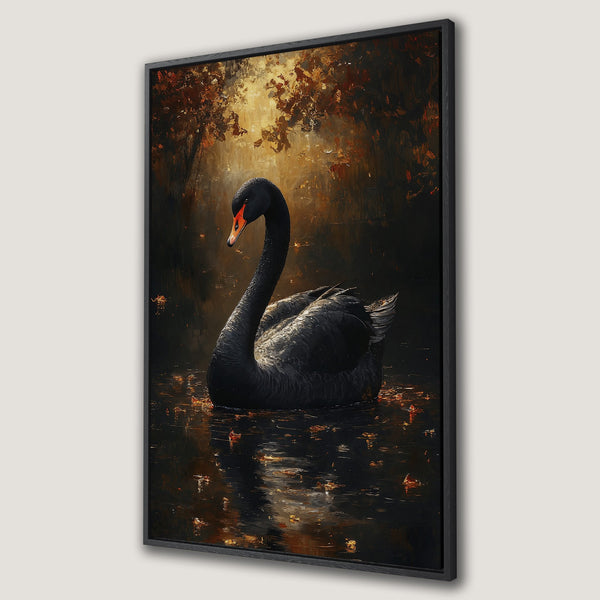 Framed Wall Art: Elegant black swan painting in a dark, moody style with warm, autumnal tones. Perfect for adding a touch of sophistication to your home decor.