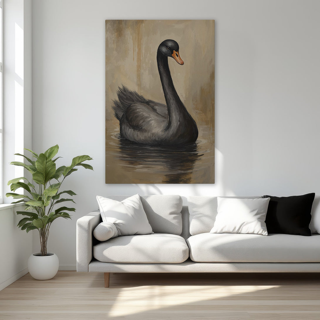 Framed Wall Art featuring a black swan painting in a classic style with a neutral, warm color palette. Perfect for elegant home decor.