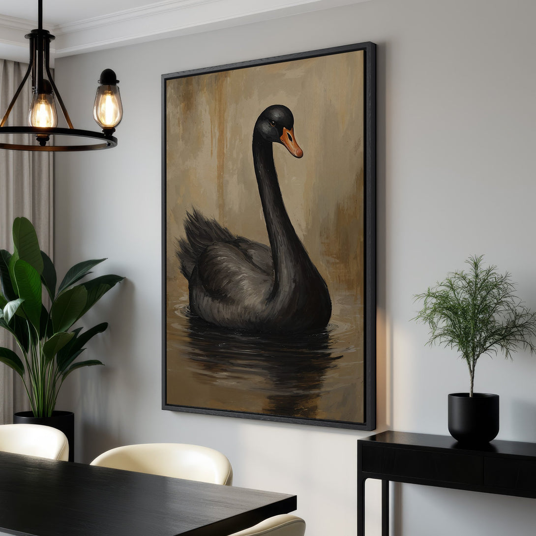 Framed Wall Art featuring a majestic black swan painting in a neutral, earthy color palette. Perfect for adding elegance to any interior.