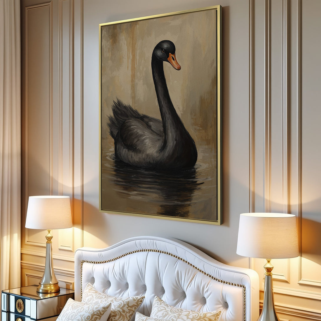 Canvas Print of a black swan painting in a neutral color palette, perfect for adding elegance to your living room.
