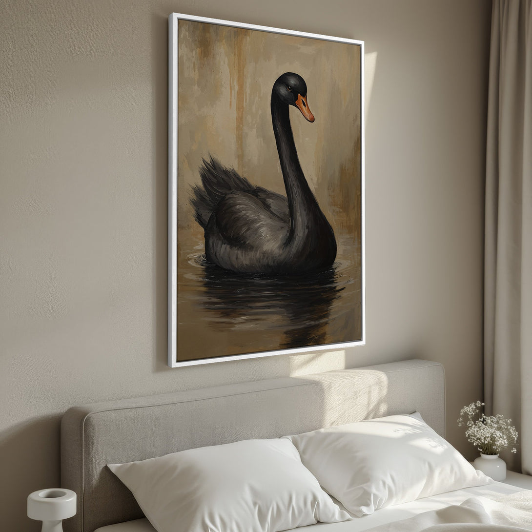 Framed Wall Art featuring a majestic black swan in a serene setting. Earth-toned color palette adds elegance to any space. Bring nature's beauty indoors!