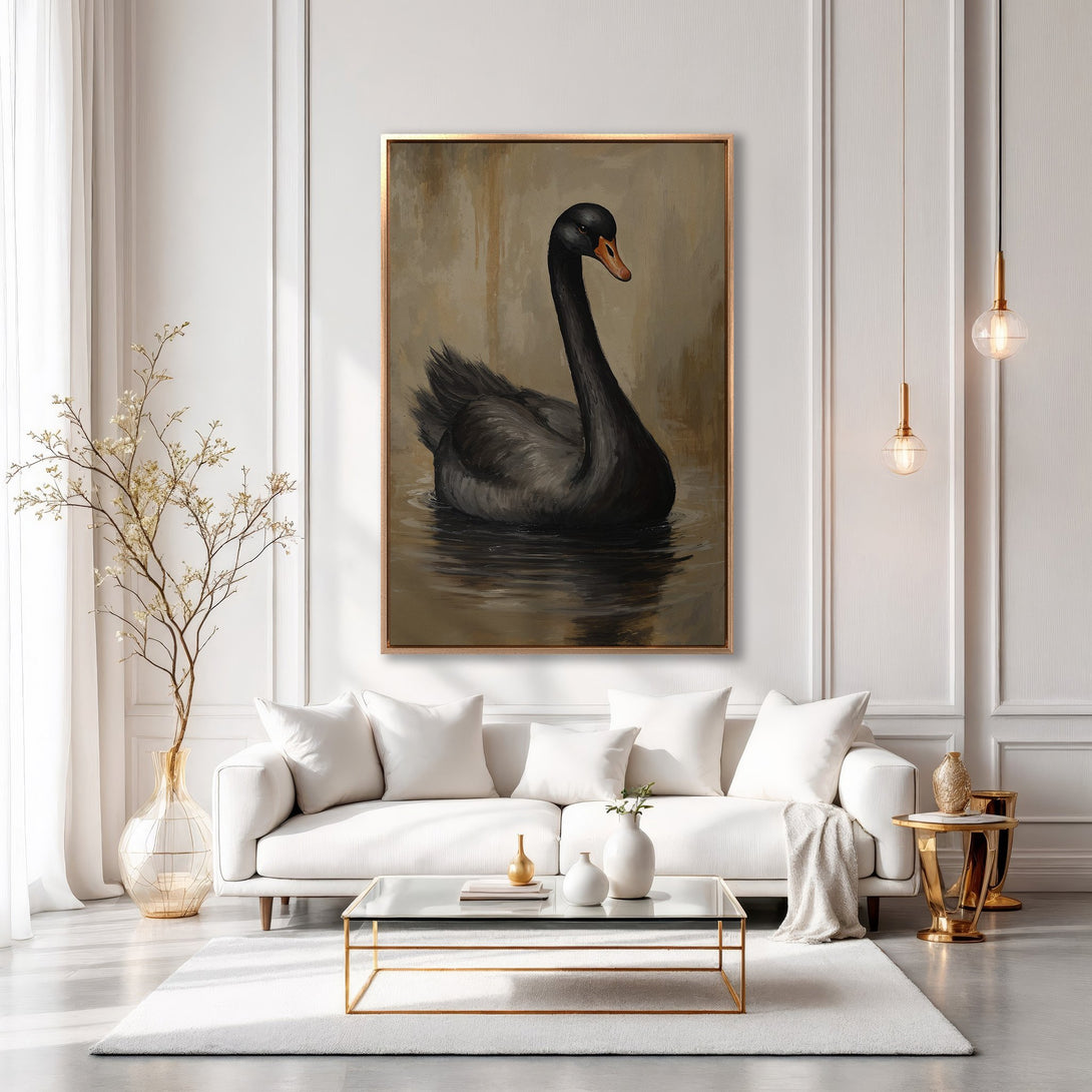 Framed Wall Art: Elegant black swan painting in neutral tones. Perfect for adding sophistication to any living room. Shop now for timeless decor!