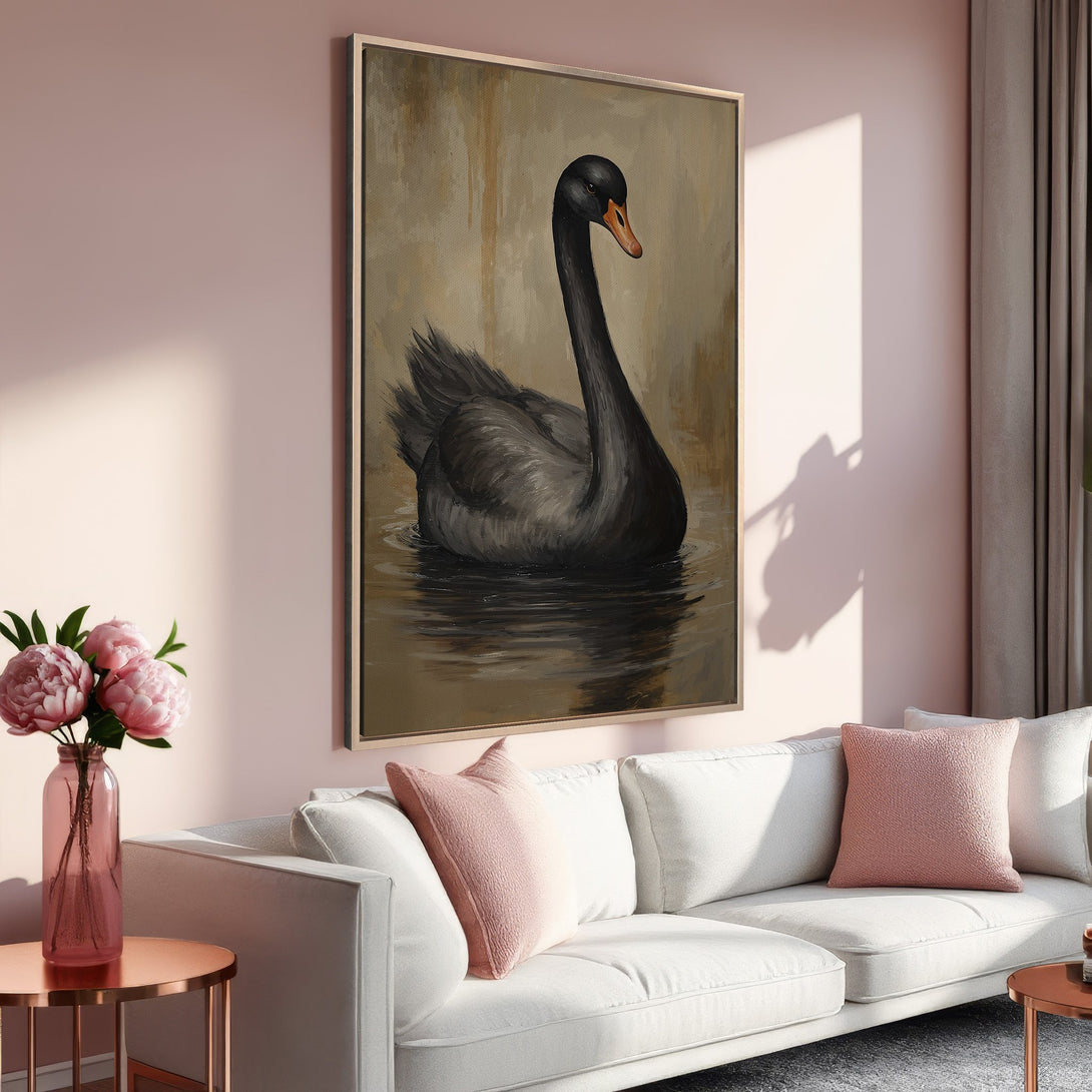 Framed Wall Art featuring a black swan painting in a neutral color palette. Elegant decor for living rooms. Enhance your space with this stunning piece.