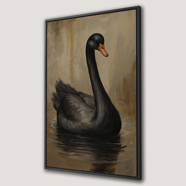 Framed Wall Art: Elegant black swan painting in neutral tones. Enhance your decor with this stunning canvas print, perfect for any room.