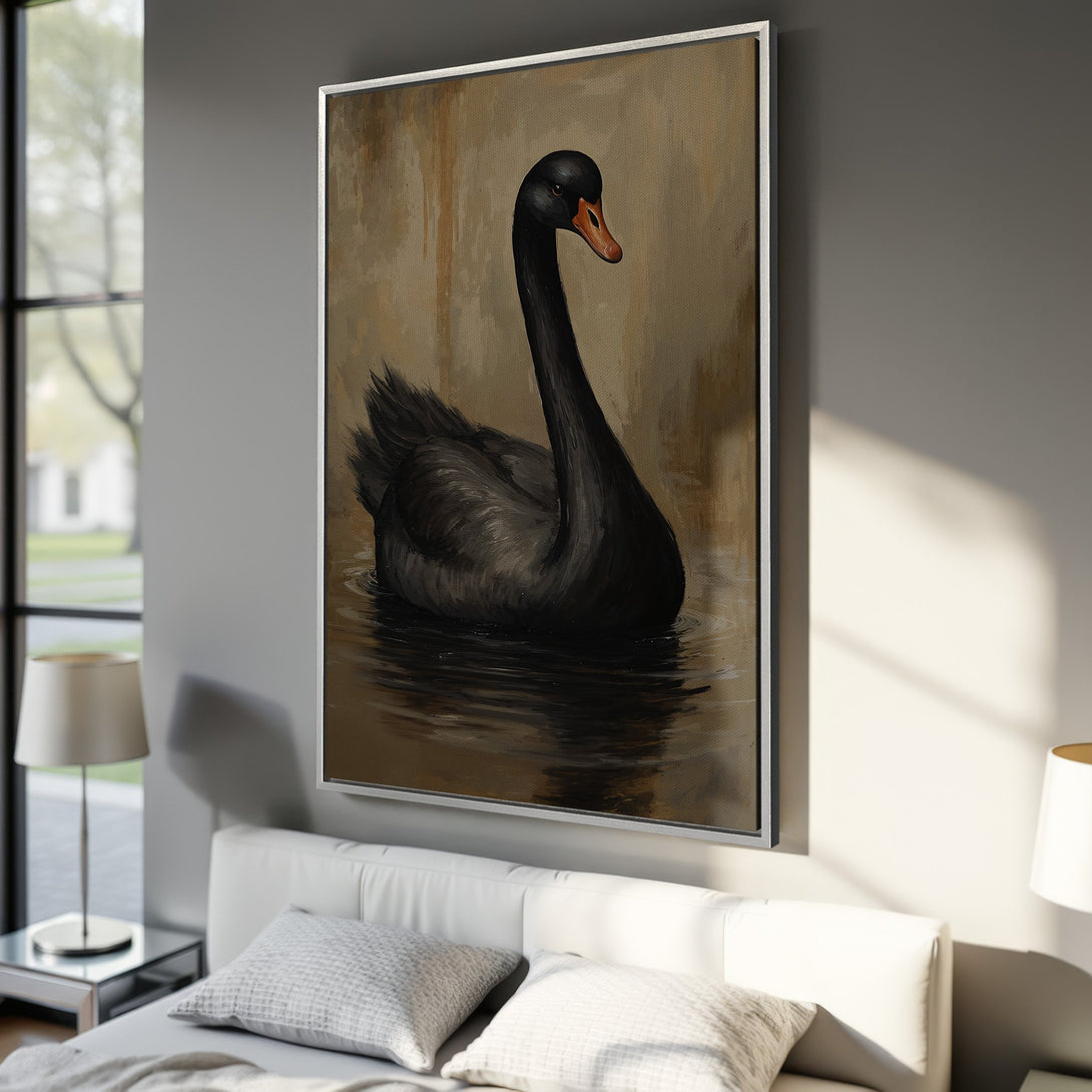 Framed Wall Art: Elegant black swan painting in neutral tones. Modern canvas print adds sophistication to any bedroom decor. Shop now for unique wall art!