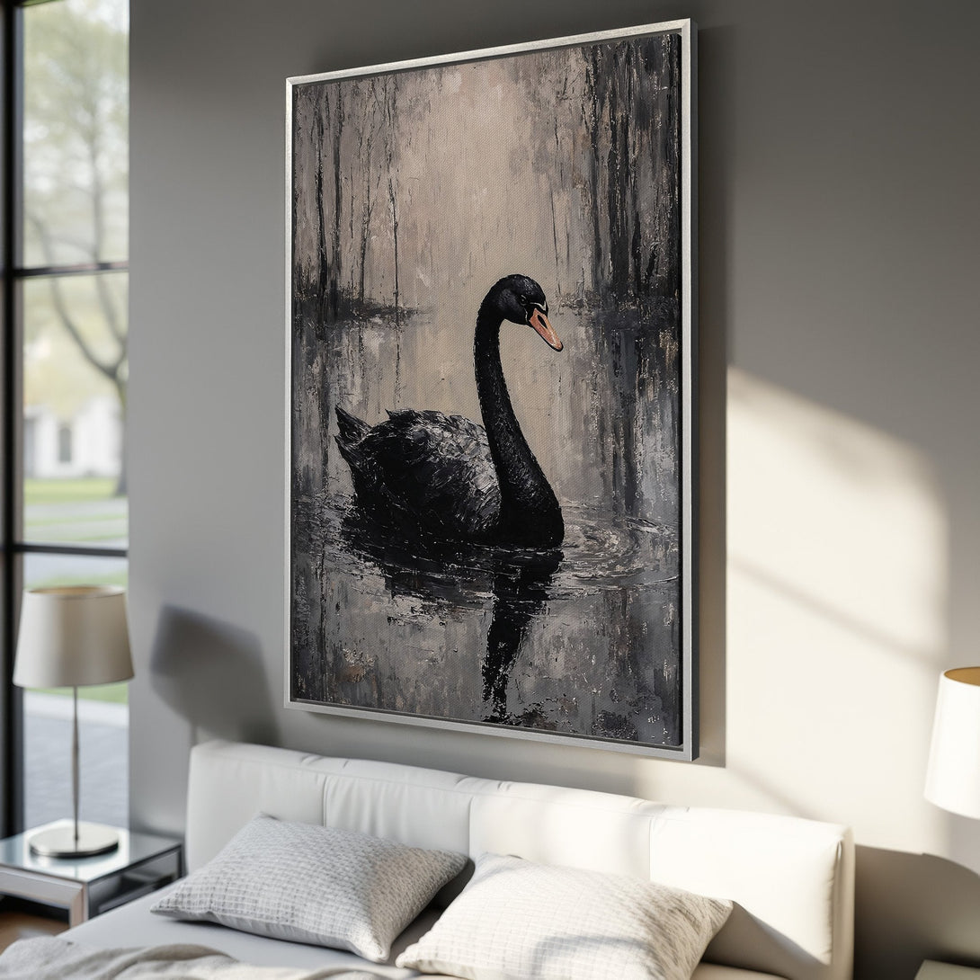 Framed Wall Art: Elegant black swan painting in a moody, monochrome color palette. Perfect for adding a touch of sophistication to your home decor.