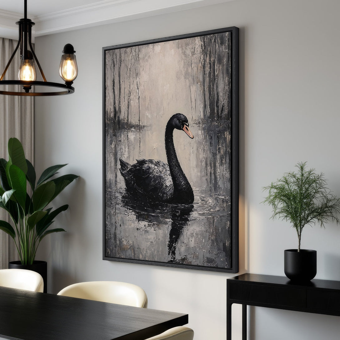 Framed Wall Art: Stunning black swan painting in a modern, monochrome style. Perfect for adding elegance to any space. Shop now!
