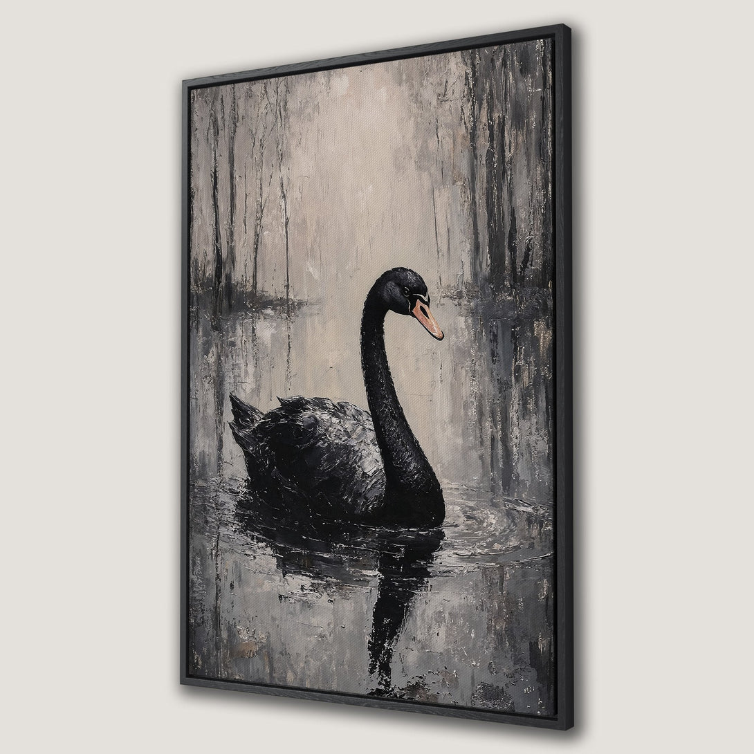 Framed Wall Art: Elegant black swan painting in a moody, abstract style. Neutral gray and black color palette. Perfect for modern home decor.