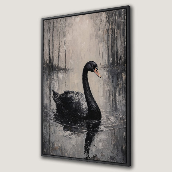 Framed Wall Art: Elegant black swan painting in a moody, abstract style. Neutral gray and black color palette. Perfect for modern home decor.