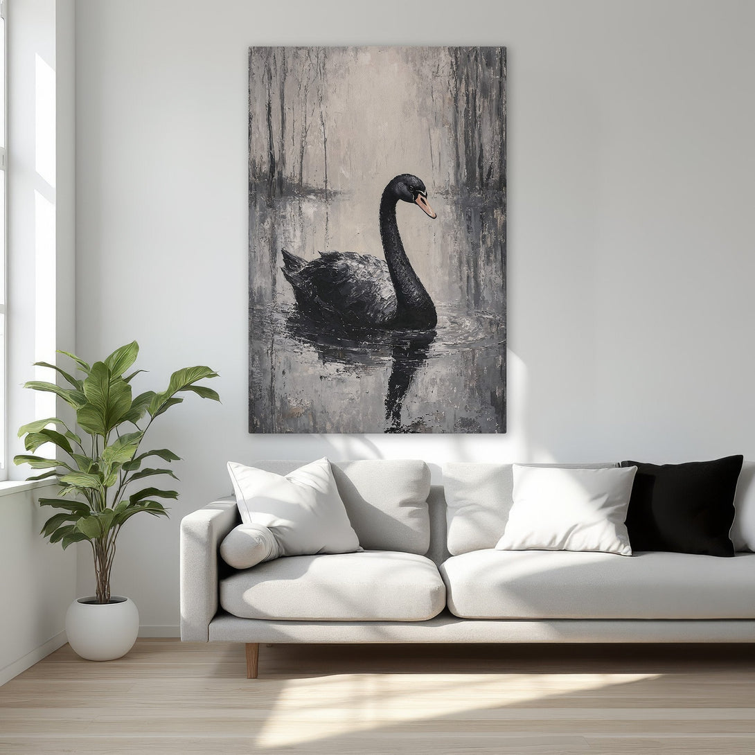 Framed Wall Art: Elegant black swan painting in neutral tones. Modern abstract art for bedroom decor. Adds sophistication to any space.
