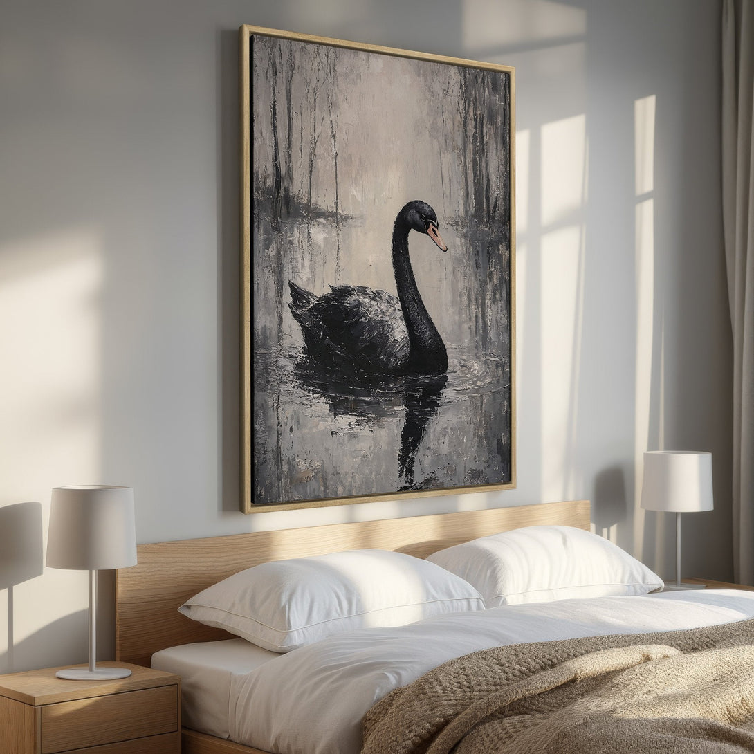 Framed Wall Art: Black swan painting in neutral tones. Elegant abstract art for bedroom decor. Modern canvas print with a serene, nature-inspired aesthetic.