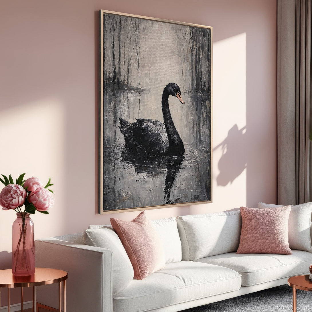 Framed Wall Art: Black swan painting in a serene grayscale palette. Elegant wall decor for a modern interior. Enhance your space with this beautiful artwork.