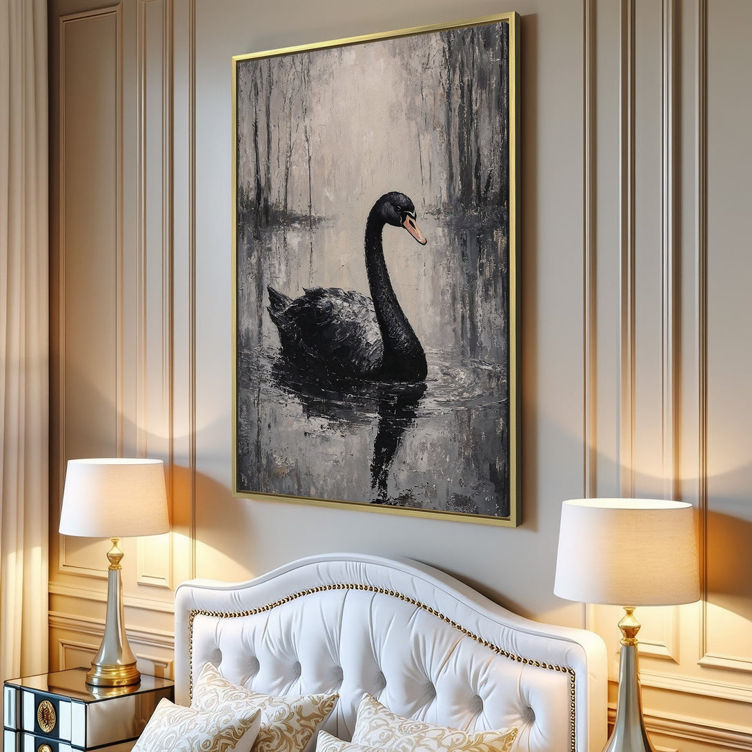 Canvas Print of a black swan painting in a neutral gray and white palette, perfect for modern home decor.