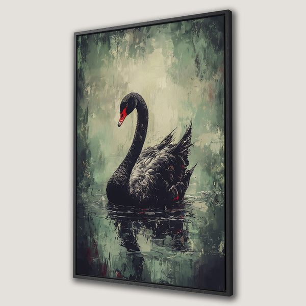 Framed Wall Art featuring a black swan in an impressionistic style, with a muted green and black color palette, perfect for modern decor.