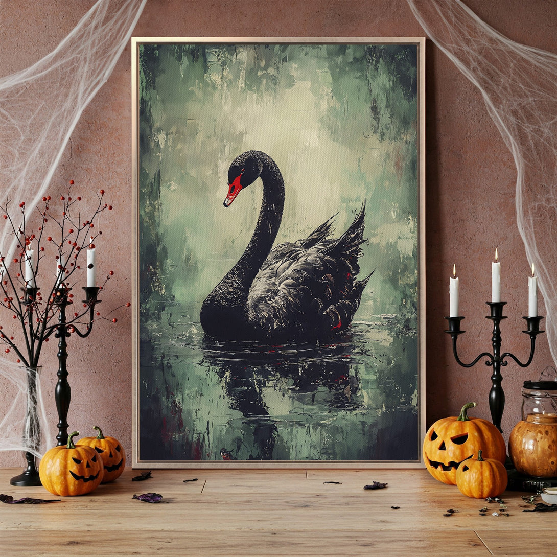 Framed Wall Art of a black swan in a moody, abstract style with a green and black color palette. Perfect for Halloween decor!