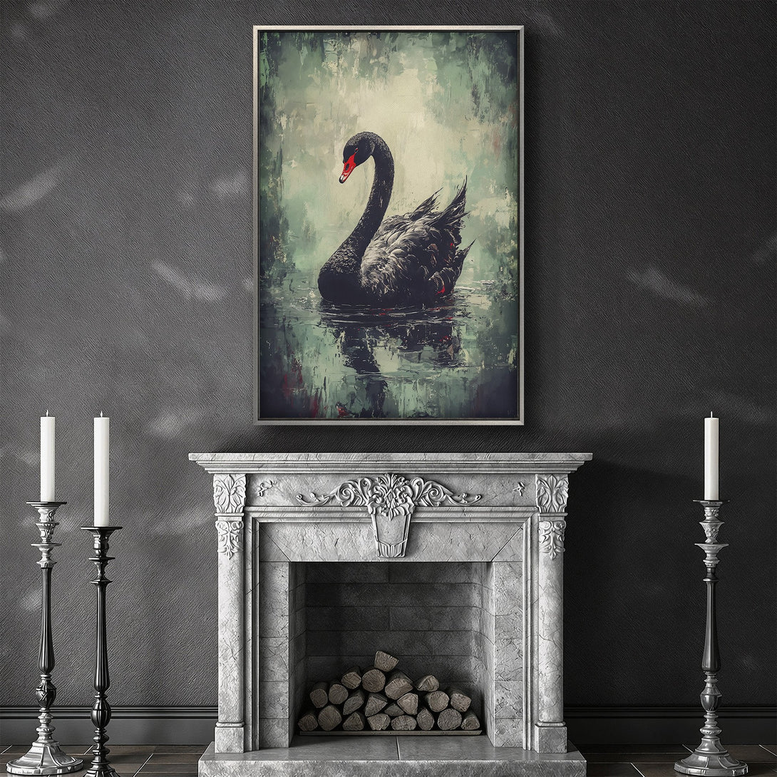 Framed Wall Art featuring a black swan in a moody, painterly style. Green and red accents on a dark, elegant color palette. Perfect for home decor.