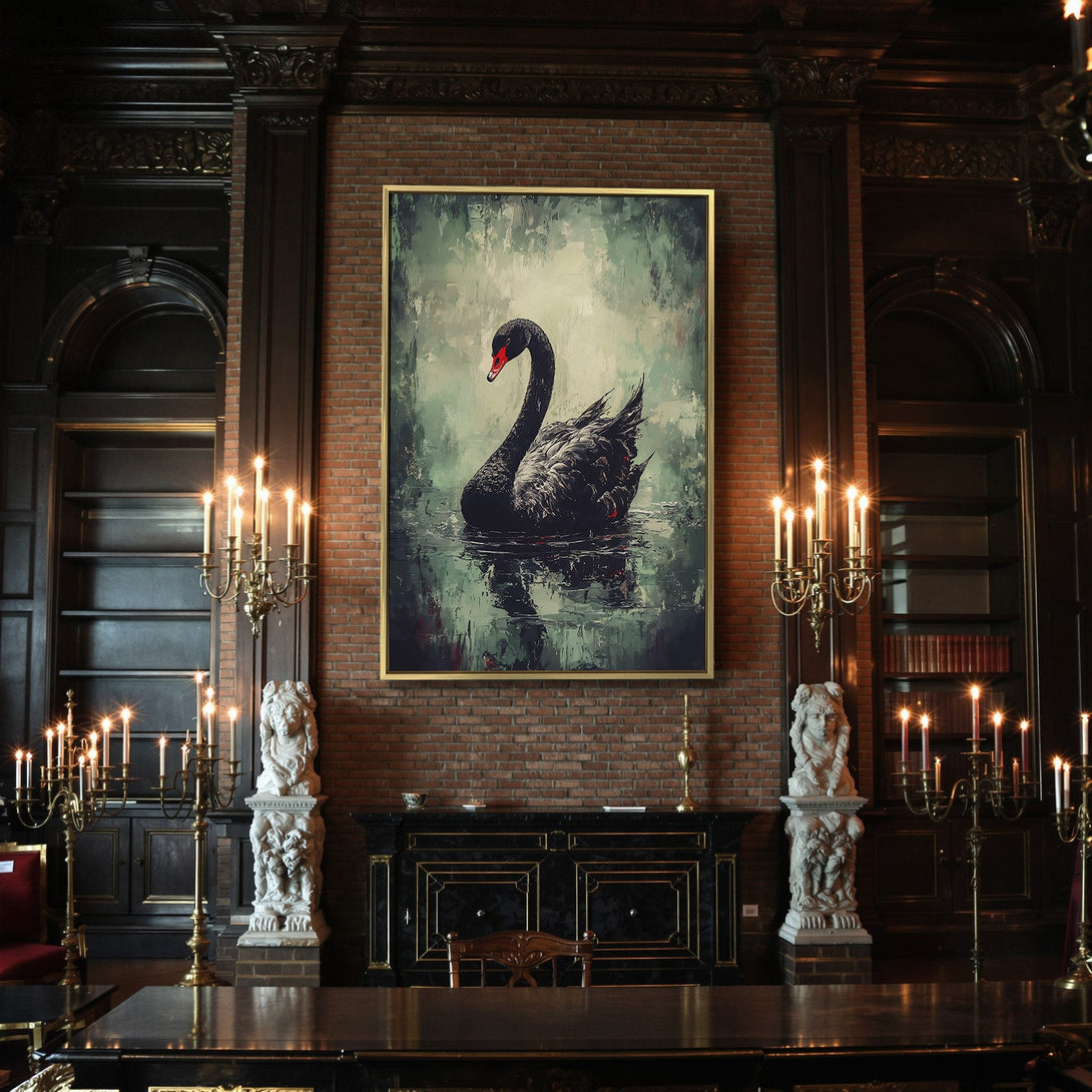 Canvas Print: Black swan art in moody green & black palette. Perfect for Halloween decor or gothic interior design. Modern wall art.