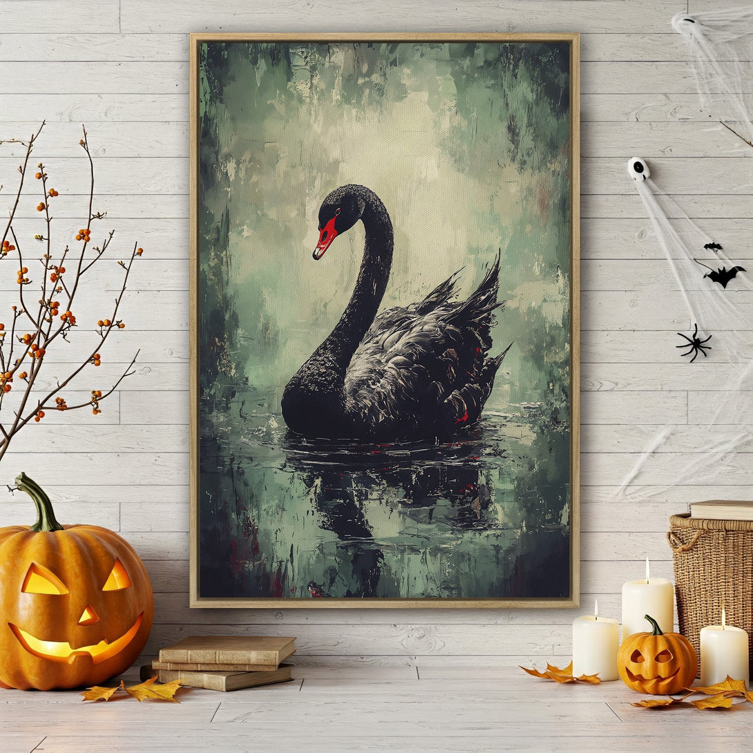 Framed Wall Art featuring a black swan in an abstract painting style with a moody green and black color palette. Perfect for Halloween decor!