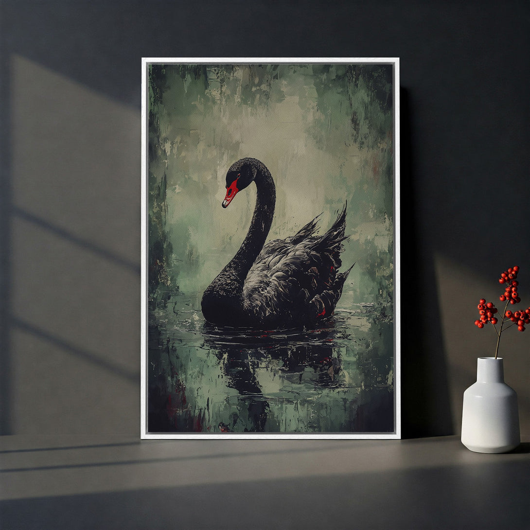 Framed Wall Art featuring a black swan in an abstract style with a moody green and black color palette. Enhance your home decor with this canvas print.