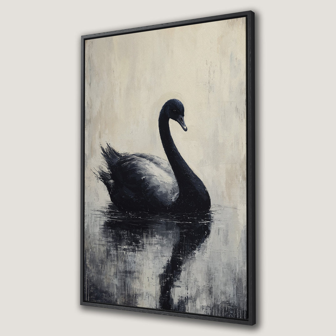 Framed Wall Art: Elegant black swan painting in a neutral, grayscale palette. Modern, abstract style Canvas Print for sophisticated home decor.