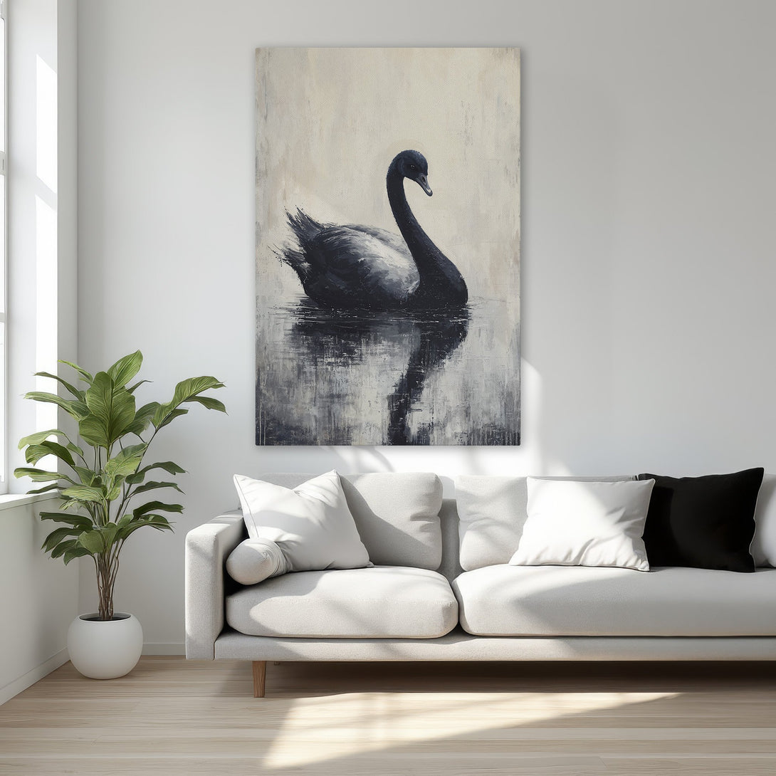Framed Wall Art: Elegant black swan painting in a neutral color palette. Adds a touch of sophistication to any interior. Shop now for stunning wall decor!