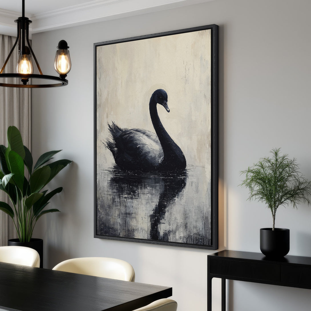 Framed Wall Art: Elegant black swan painting in a neutral color palette. Modern abstract style adds sophistication to any space. Shop now!
