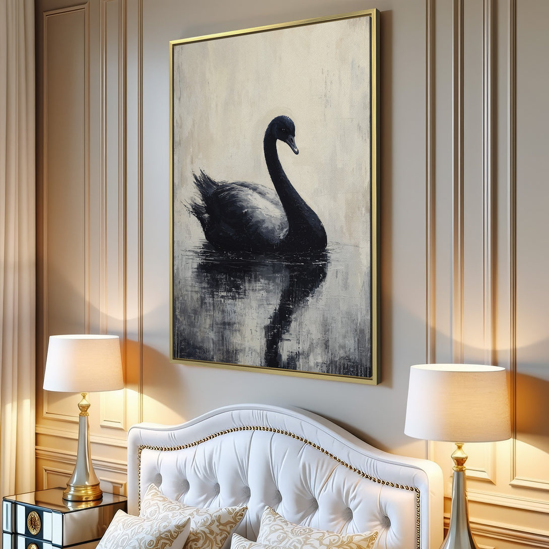 Canvas Print: Elegant black swan art in a neutral color palette. Modern, minimalist decor. Perfect for living room or bedroom wall art.