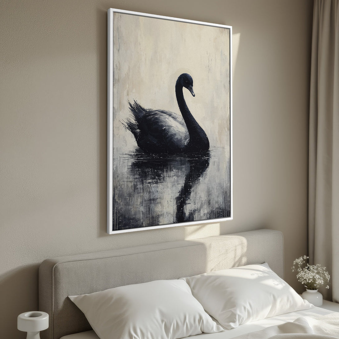 Framed Wall Art featuring a black swan painting in a minimalist style with a neutral color palette. Perfect for bedroom decor!