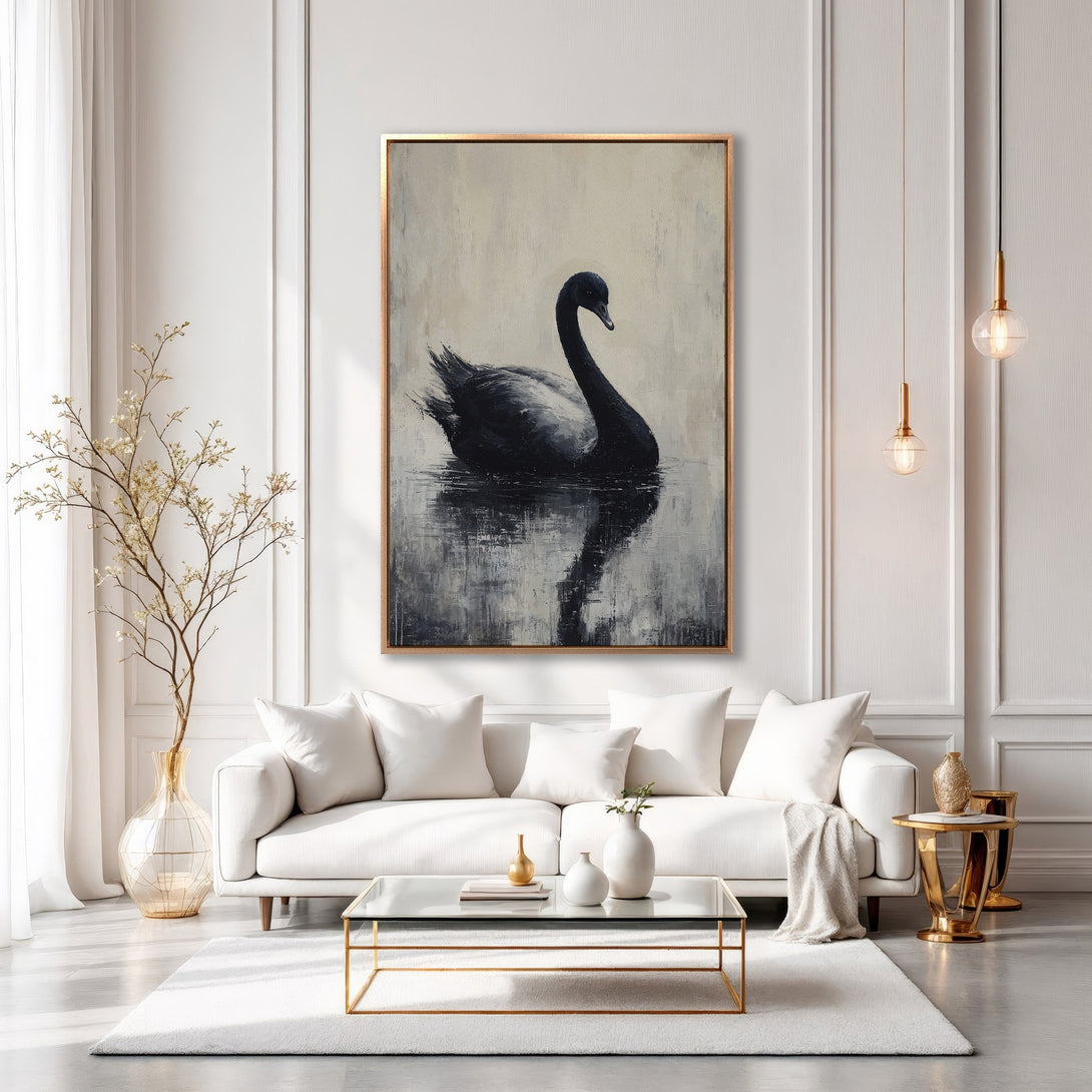 Framed Wall Art: Elegant black swan painting in neutral tones. Perfect for modern living rooms. Add a touch of sophistication with this stunning wall decor.
