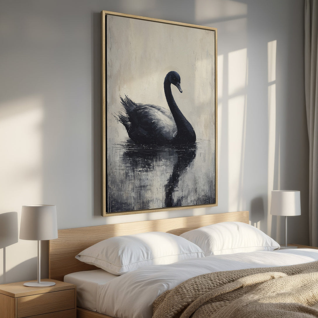 Framed Wall Art: Elegant black swan painting in a serene bedroom. Modern, minimalist style with a neutral, grayscale color palette. Perfect for home decor.