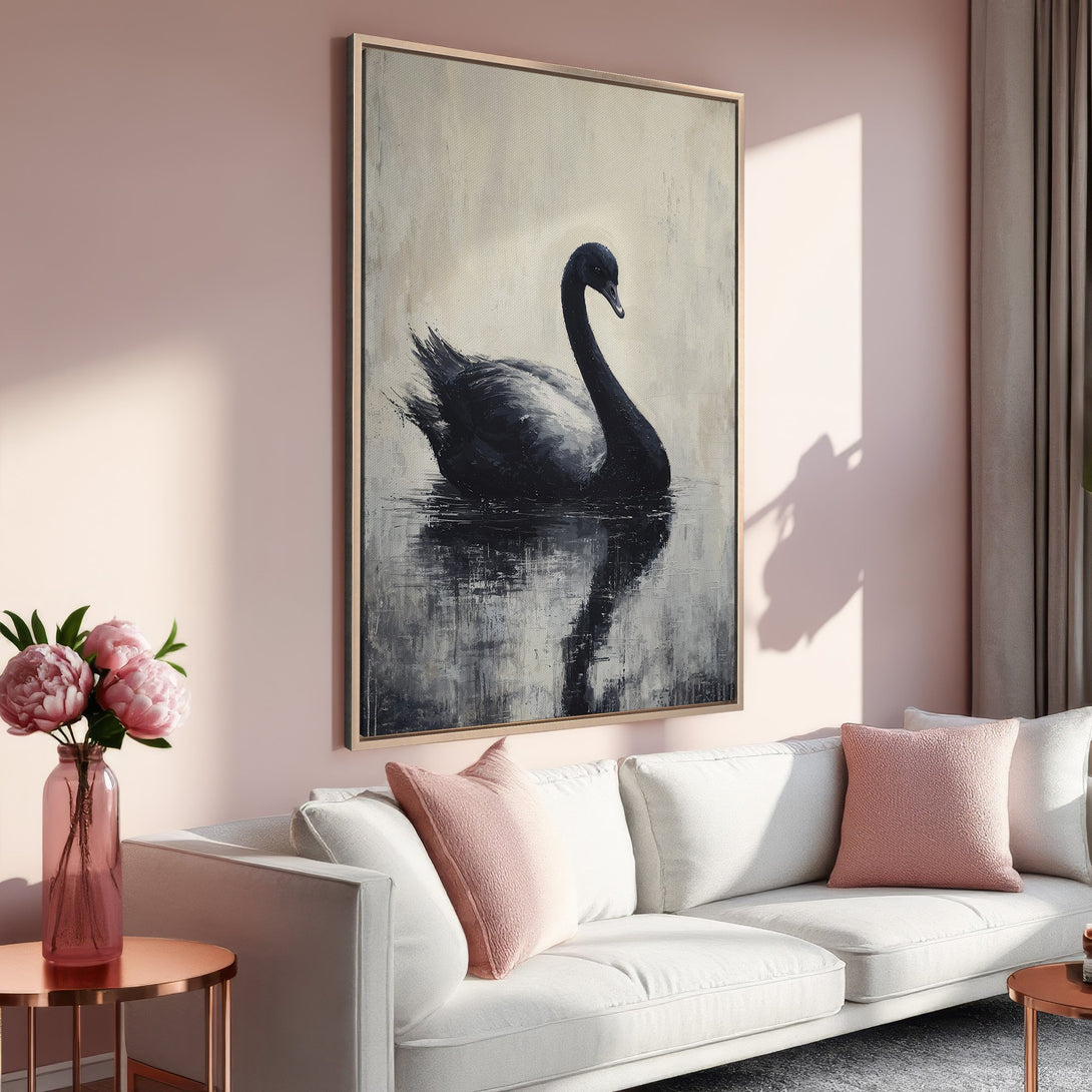 Framed Wall Art: Elegant black swan painting in a neutral, grayscale palette. Modern art for a stylish living room. Adds a touch of sophistication.