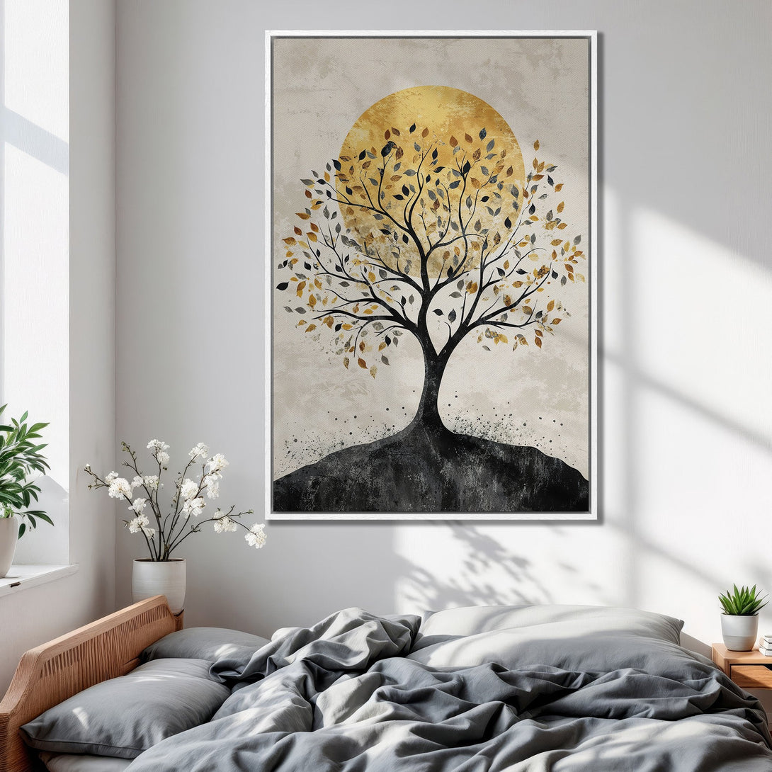 Framed Wall Art: Abstract tree art print with gold, black, and neutral tones. Modern decor for bedroom or living room. Enhance your space today!