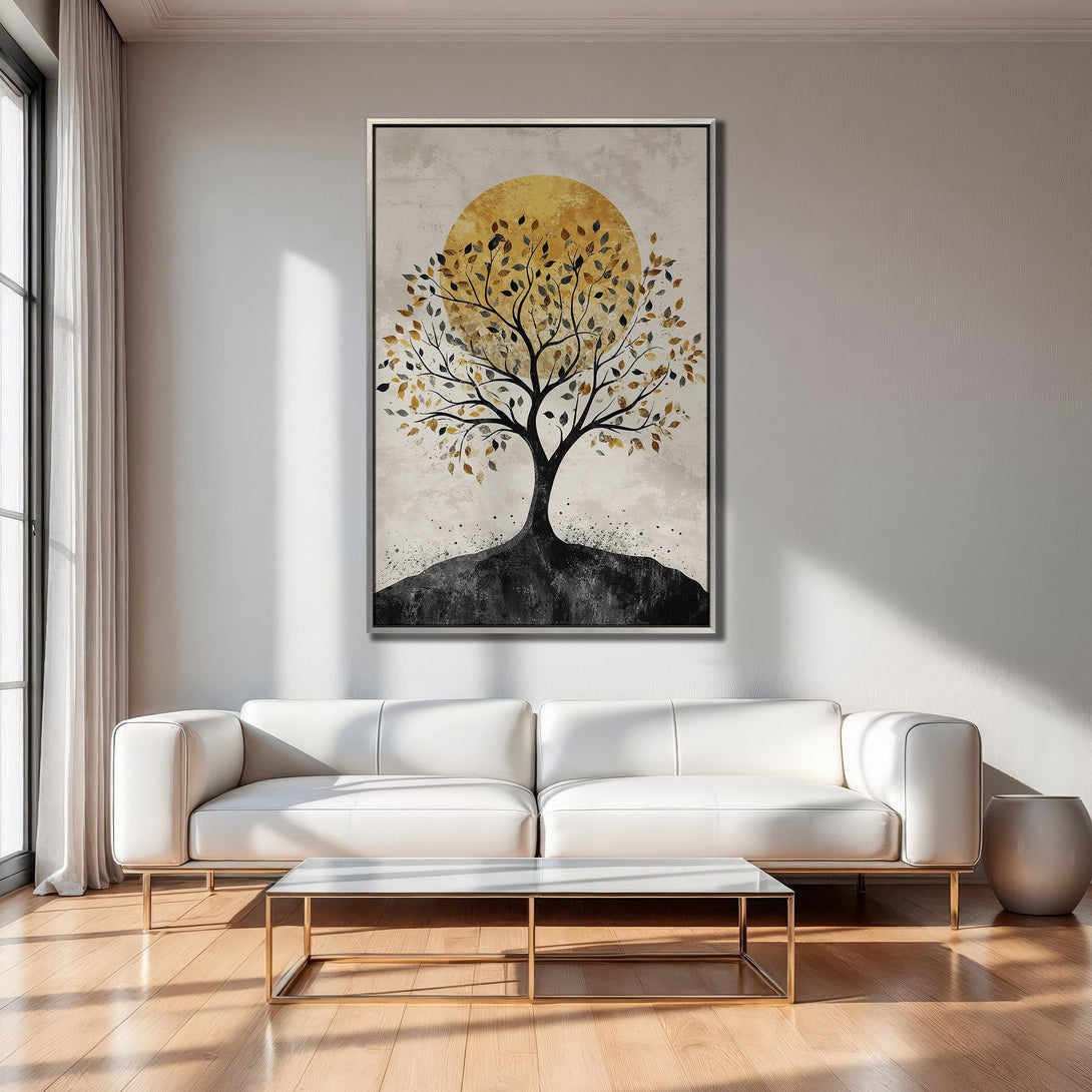 Framed Wall Art: Abstract tree art in neutral tones with gold accents. Modern canvas print perfect for living room decor.