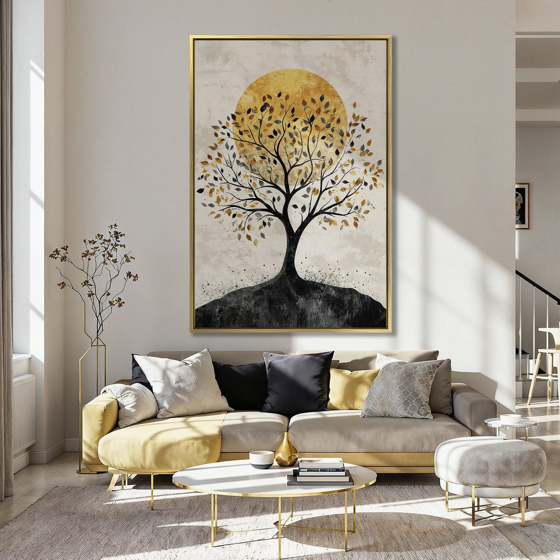 Abstract tree Canvas Print in a kitchen, featuring a warm color palette with gold, black, and beige tones. Perfect wall art for any room!