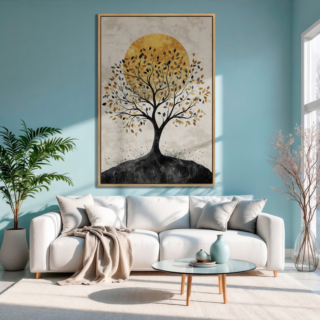 Framed Wall Art featuring an abstract tree with a golden sun, perfect for modern decor. Earthy tones and a minimalist style.