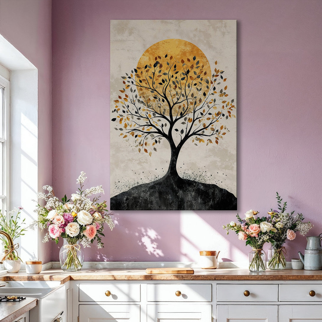 Framed Wall Art: Abstract tree art with a golden sun, neutral tones, and warm colors. Perfect for modern living room decor.