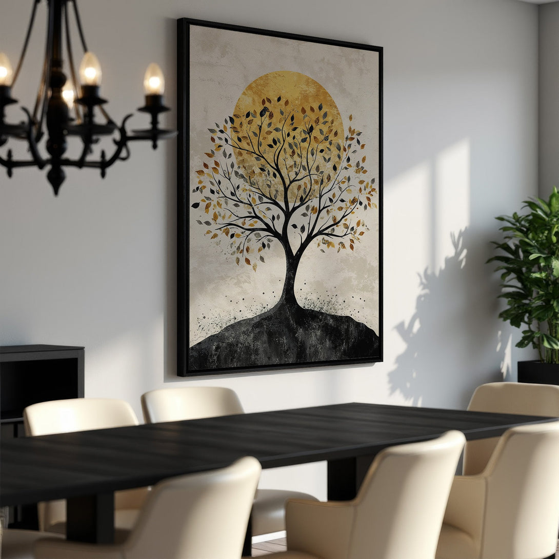 Framed Wall Art featuring an abstract tree design in a warm, neutral color palette. Perfect for adding a touch of nature-inspired art to your dining room.