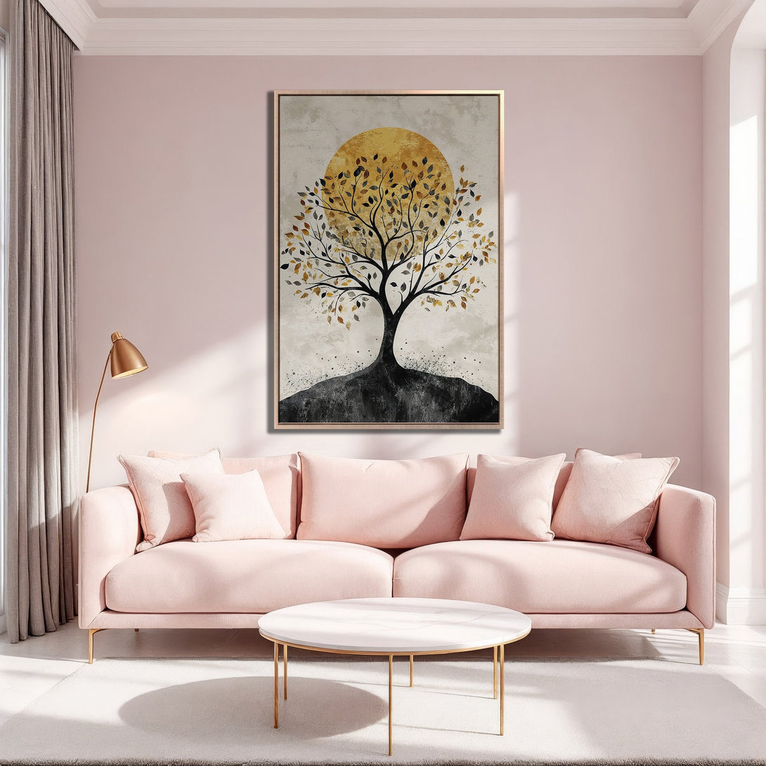 Framed Wall Art: Abstract tree art print with gold, black, and neutral tones. Modern decor for living room. Enhance your space with this stylish canvas print.