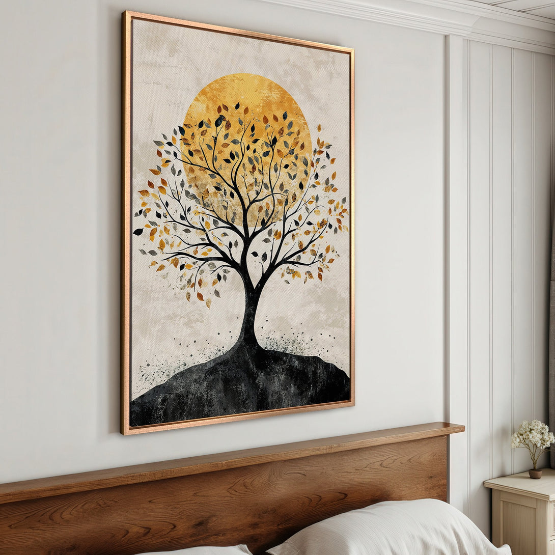 Framed Wall Art: Abstract tree art with a warm yellow, black, and beige color palette. Perfect for adding a touch of nature-inspired elegance to your home.