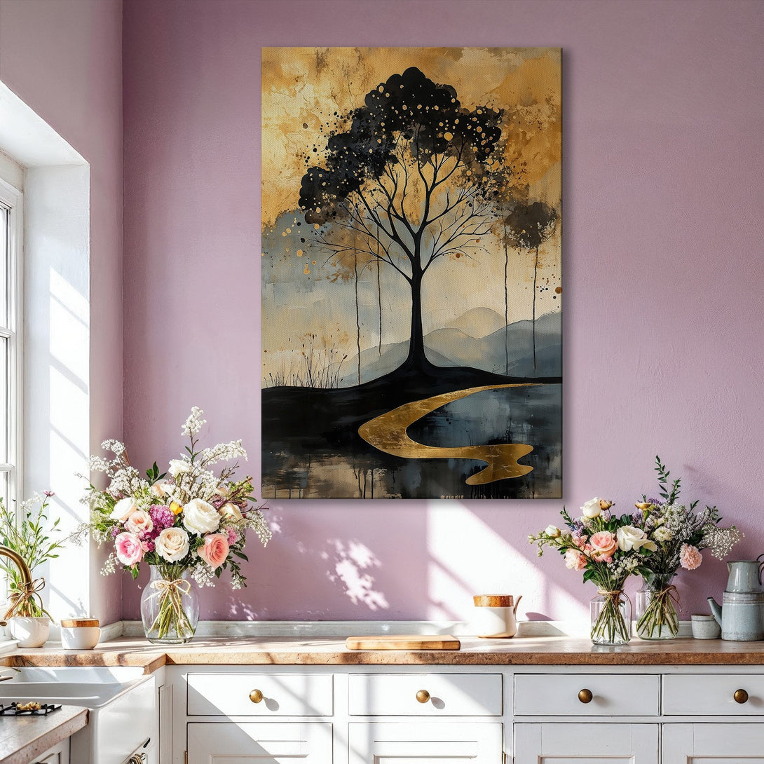 Framed Wall Art: Abstract tree painting in gold, black, and neutral tones. Modern art for living room decor, adds a touch of elegance and style.