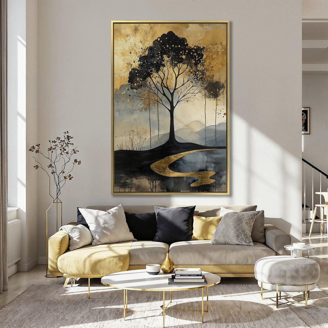 Canvas Print featuring an abstract tree landscape in gold, black, and gray tones. Perfect wall art for modern home decor.