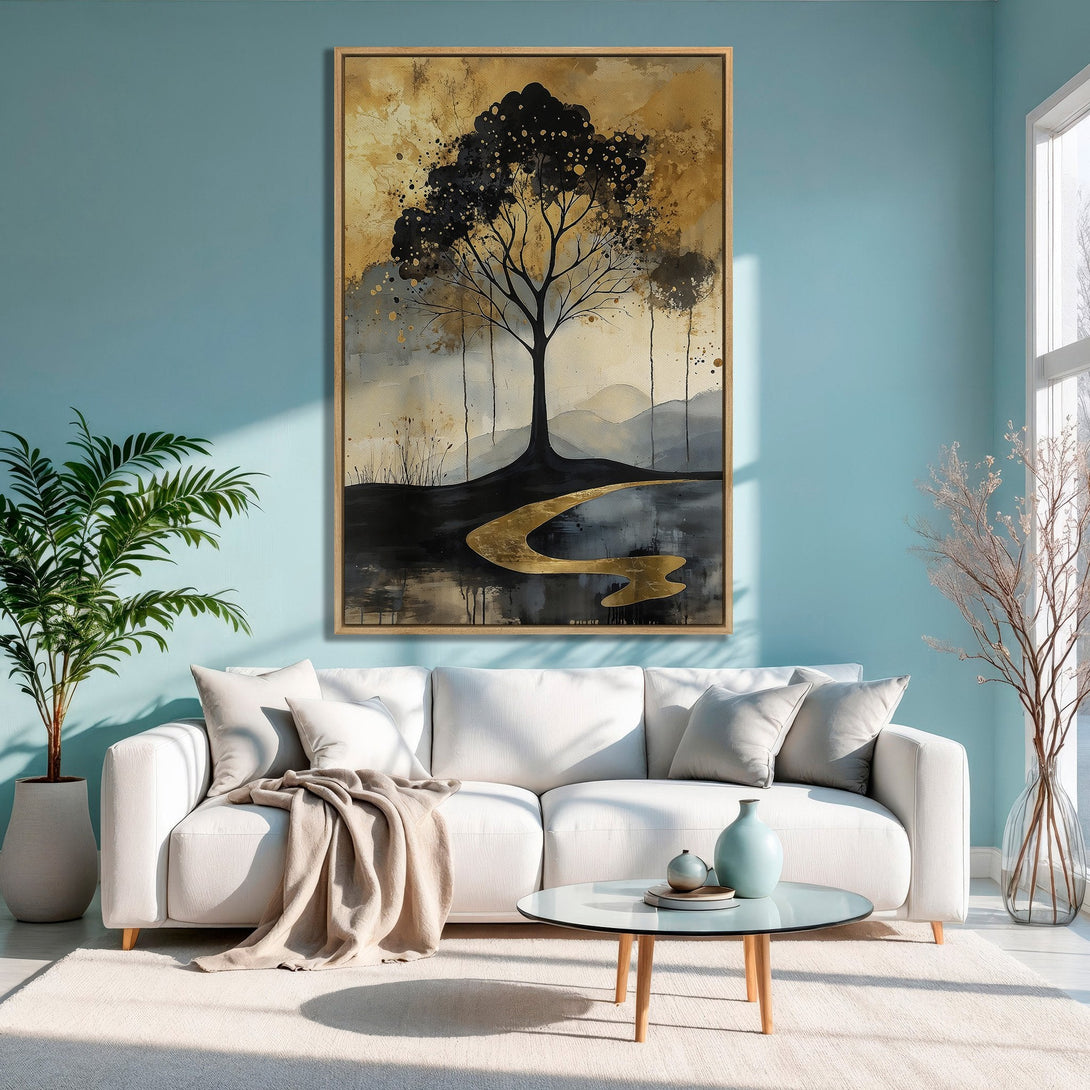 Framed Wall Art: Abstract tree painting in gold, black, and gray. Modern canvas print adds a touch of elegance to any living room.