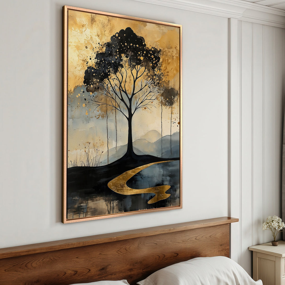 Framed Wall Art: Abstract tree painting in gold, black, and blue hues. Modern art canvas print perfect for bedroom decor.
