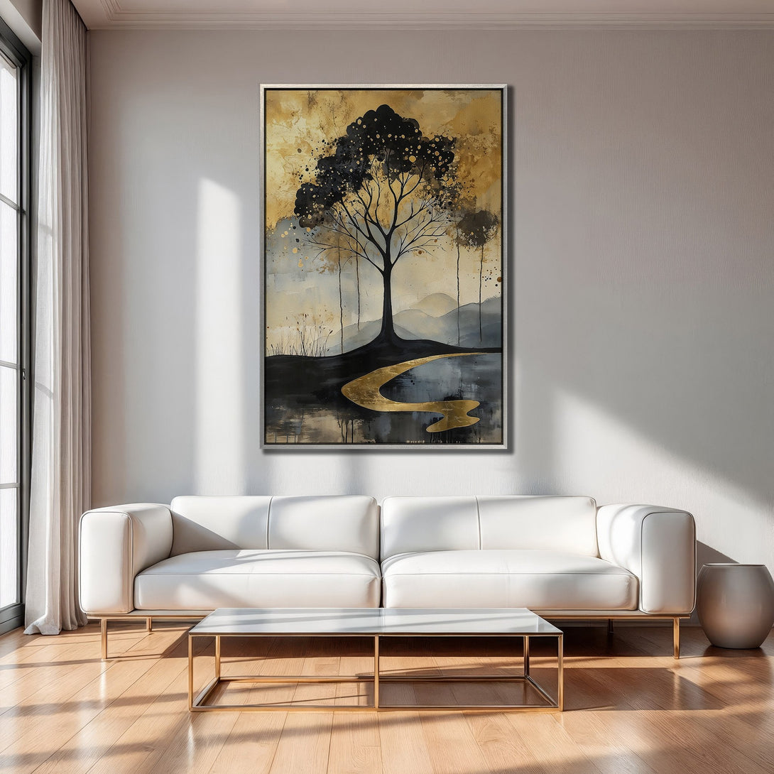 Framed Wall Art: Abstract tree art with gold accents. Modern canvas print in a neutral color palette, perfect for living room decor.