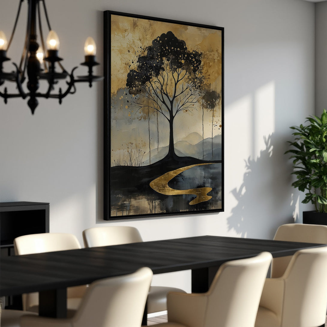 Framed Wall Art: Abstract tree art in black, gold, and gray tones. Modern canvas print adds elegance to dining room decor.