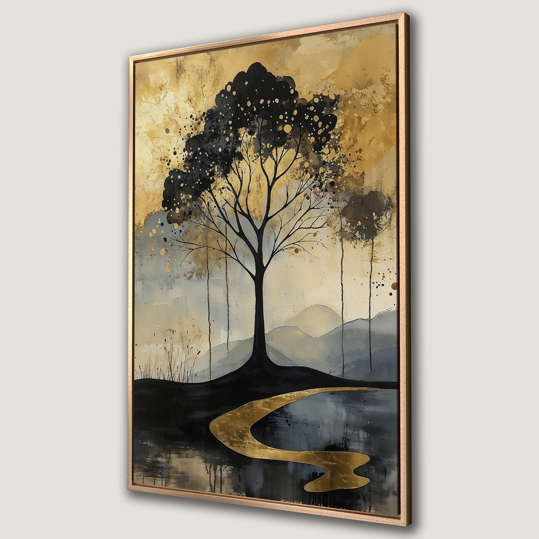 Framed Wall Art: Abstract tree painting in gold, black, and neutral tones. Modern canvas print for stylish home decor.