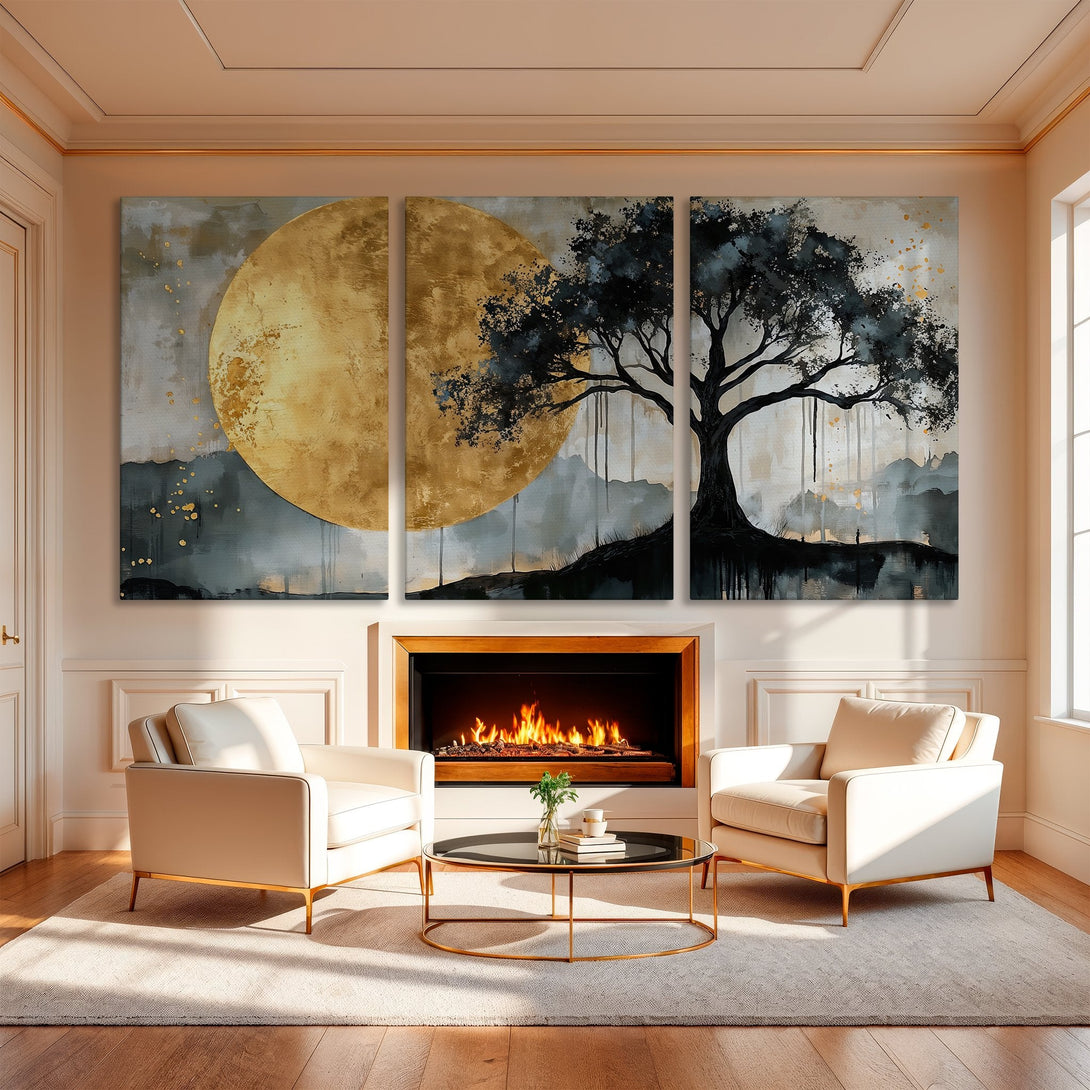 Abstract Canvas Print triptych featuring a golden moon and tree. Modern art with a muted gold, gray, and black color palette. Perfect for living room decor.