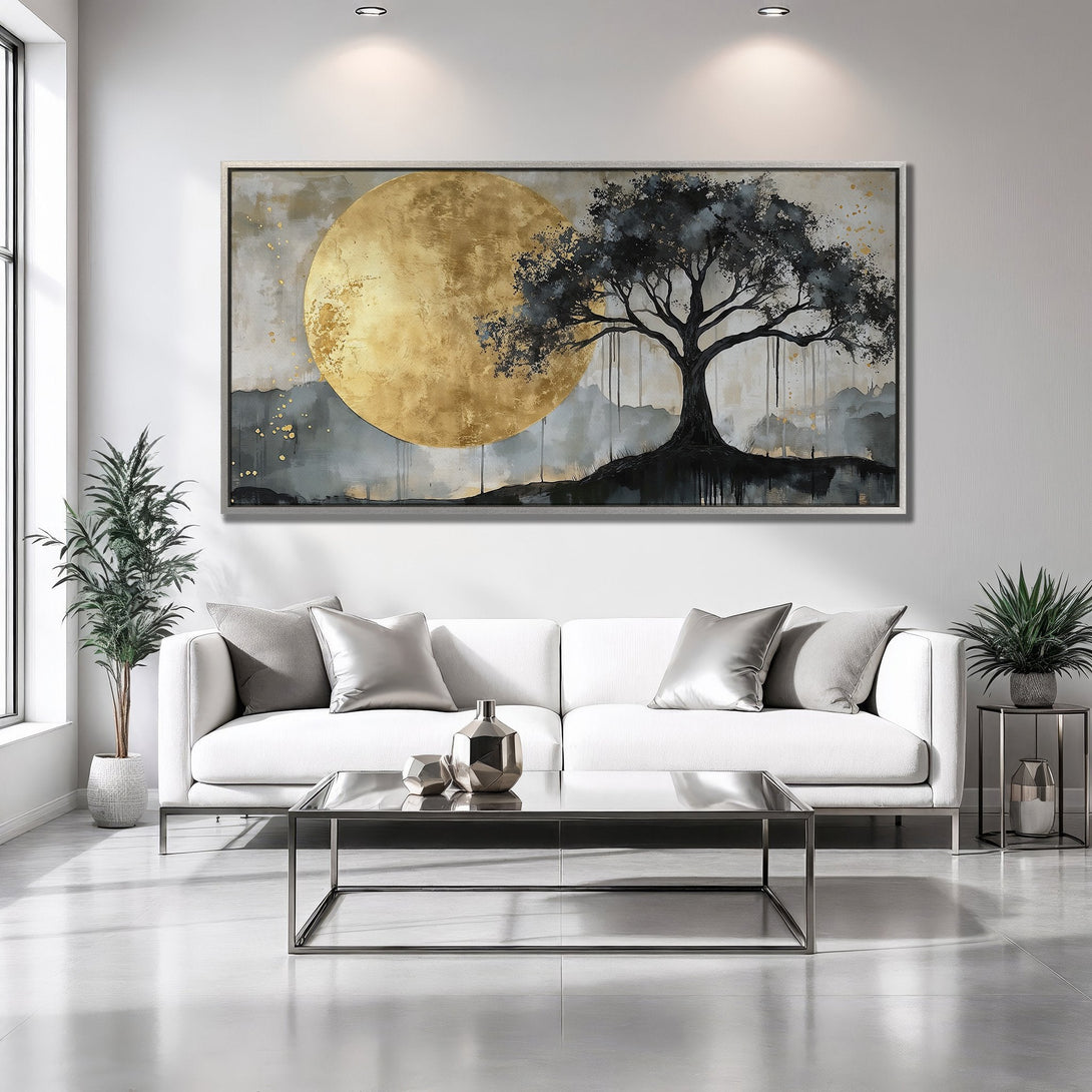 Framed Wall Art: Abstract tree and sun canvas print in gold, gray, and black. Modern art for living room decor.