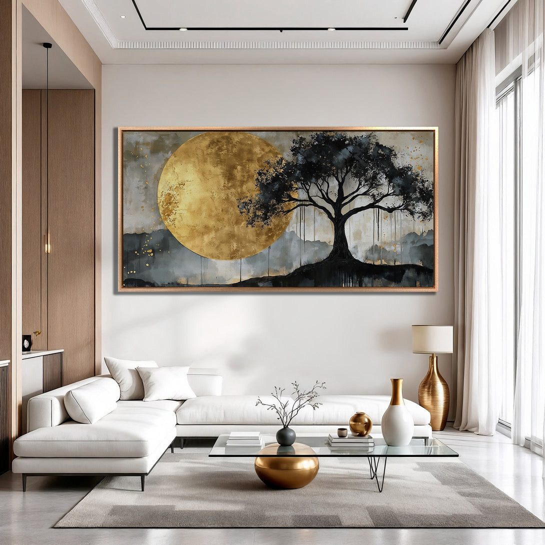 Framed Wall Art: Abstract tree landscape in gold, gray, and black. Modern art print for living room decor. Elevate your space with this stunning canvas print!