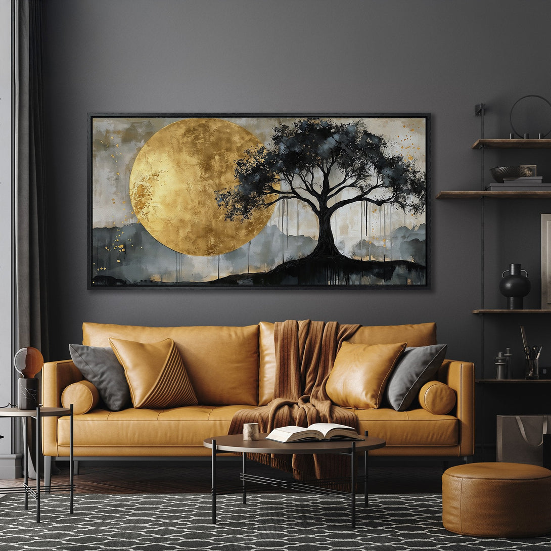 Framed Wall Art: Abstract tree painting with gold and gray color palette. Modern art canvas print adds elegance to living room decor.